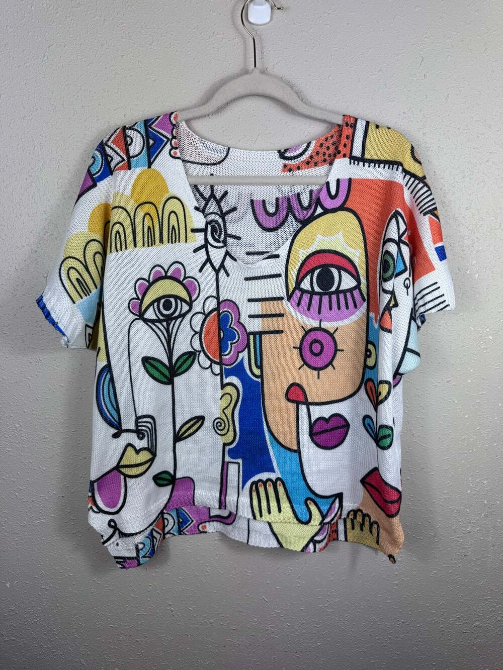 Made in Italy Picasso-style boxy print knit top oversized Large